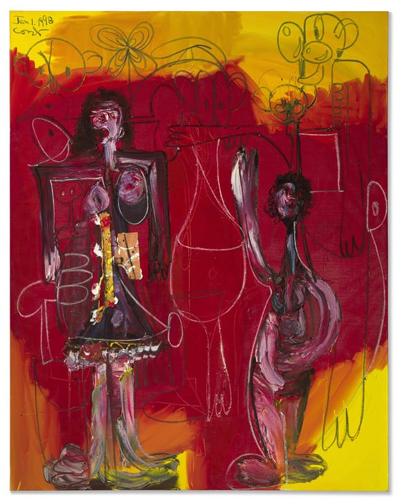 George Condo abstract painting with vivid red, yellow, and orange colors featuring two human-like figures with expressive lines and shapes, from the Christie's Between Madness and Beauty sale.