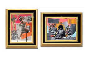 Two framed artworks featuring abstract and colorful backgrounds with black and white photographic elements.
