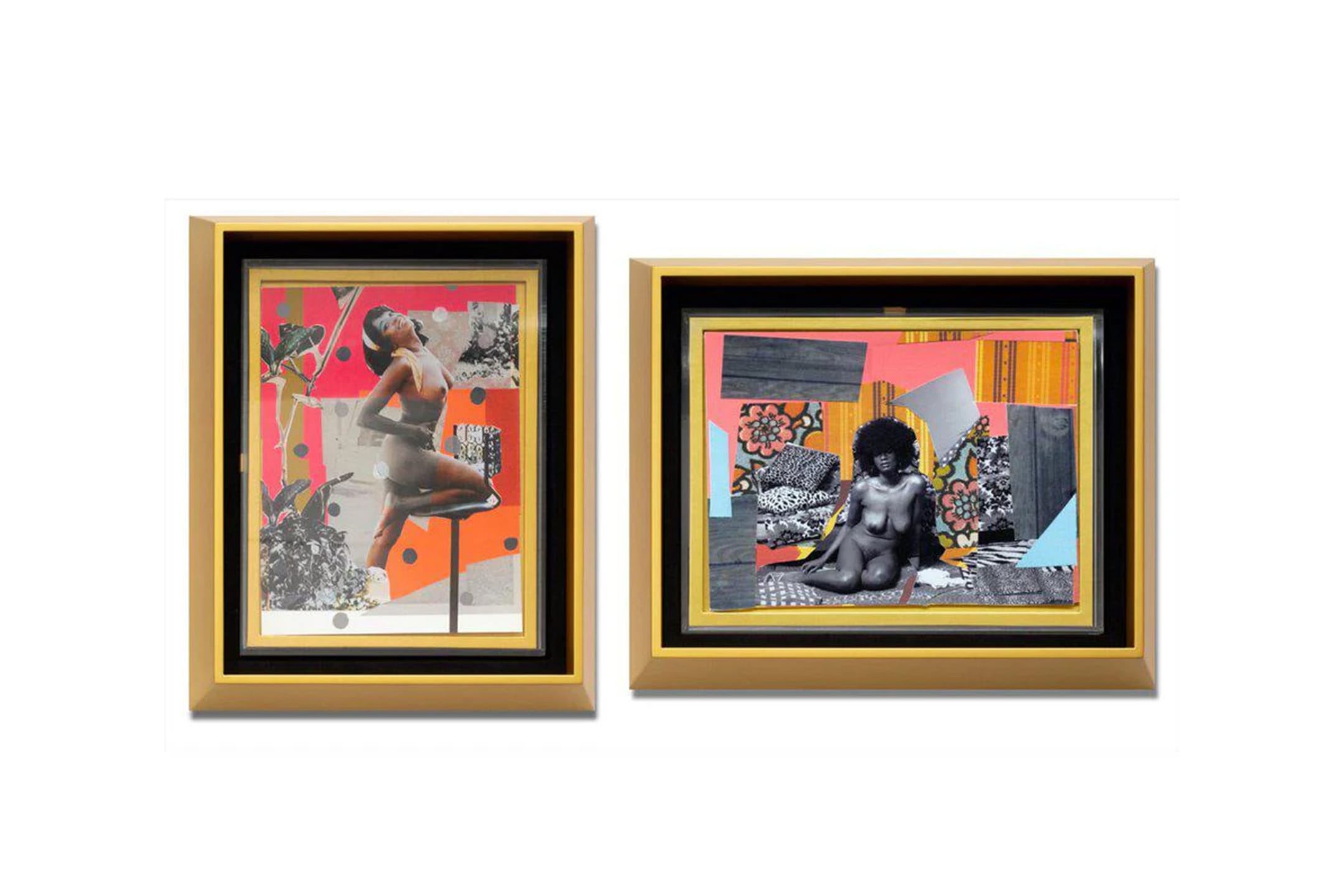 Two framed artworks featuring abstract and colorful backgrounds with black and white photographic elements.