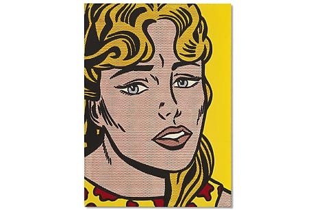 Pop art portrait of a woman with yellow hair and a thoughtful expression, featuring bold outlines and comic style dots.