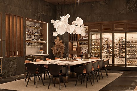 Luxurious dining room with elegant table, ambient lighting, and a fully stocked glass-door wine fridge.