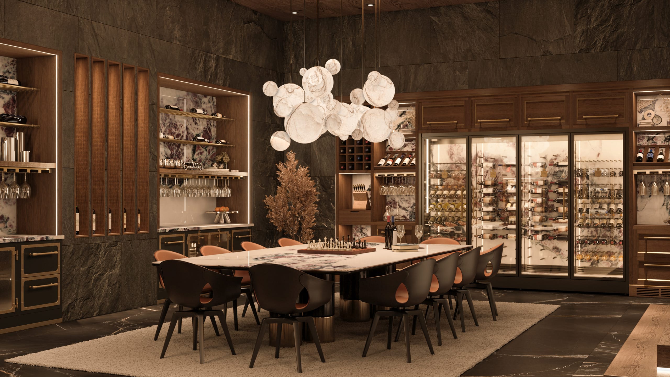 Luxurious dining room with elegant table, ambient lighting, and a fully stocked glass-door wine fridge.