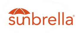 Sunbrella logo with an orange umbrella design on a black background.