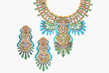Colorful statement necklace designed by Rihanna for Chopard with matching ornate earrings featuring intricate beadwork and vibrant patterns.