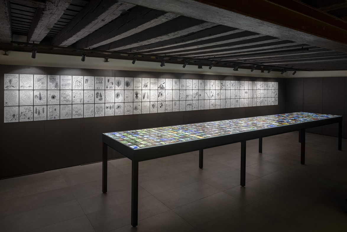 Interactive digital exhibit with a large illuminated table and wall of black and white sketches in a modern gallery space.