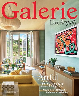 Cover of Galerie magazine featuring a stylish interior living room with colorful artwork on the wall and garden view.