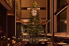 Elegant restaurant interior with a large indoor tree, warm lighting, and tables set for dining.