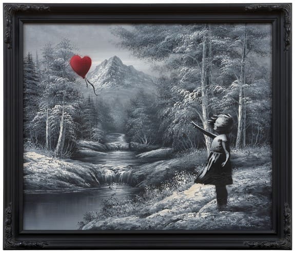 A girl reaching for a red heart-shaped balloon in a grayscale forest landscape painting.
