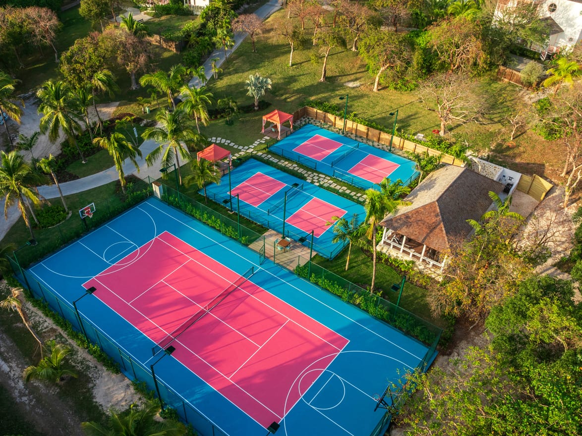 Aerial view of vibrant pink and blue outdoor tennis and basketball courts surrounded by greenery and palm trees.