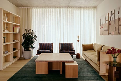 Modern living room with wooden furniture, large plant, and abstract art. Natural light filters through white curtains.