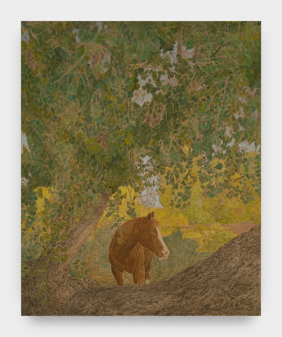 Painting of a horse under a large tree with green leaves and a background of greenery and a hint of a field.
