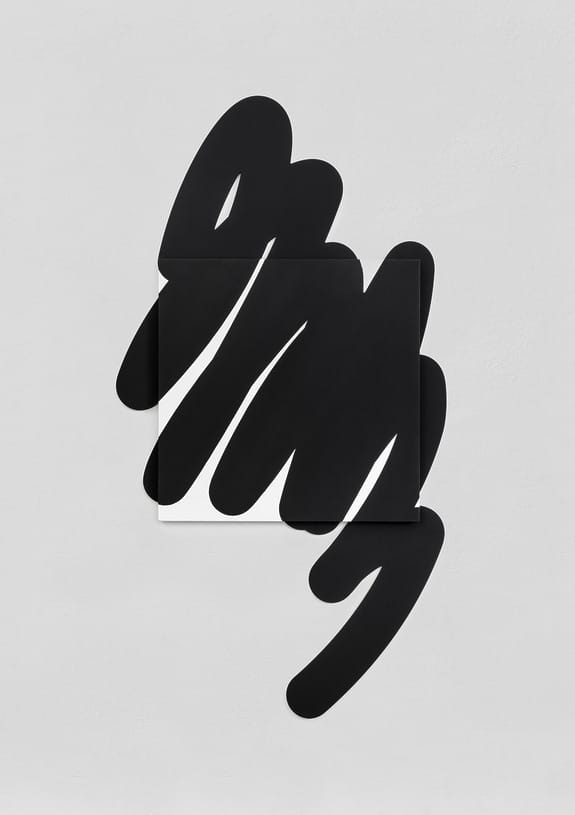 Abstract black brush strokes on a white canvas with a 3D effect, creating an artistic and modern visual composition.