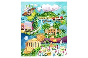 Colorful painting of a coastal paradise with tropical landscapes, butterflies, historic architecture, and vibrant flora.