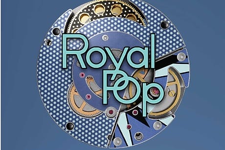 Abstract design featuring the text "Royal Pop" over a complex mechanical pattern with blue and gold elements