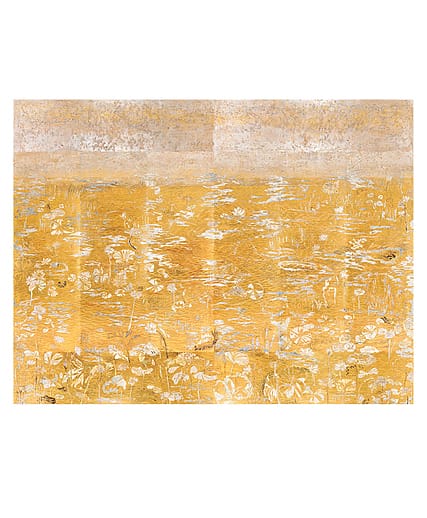 Artistic golden landscape depicting water lilies and shimmering reflections.