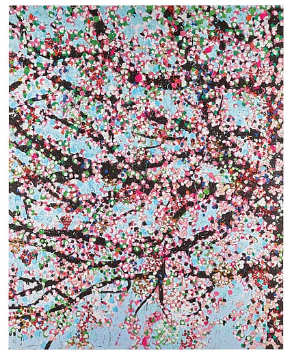 Colorful abstract painting of tree branches densely covered with pink, white, and red blossoms against a light blue background.