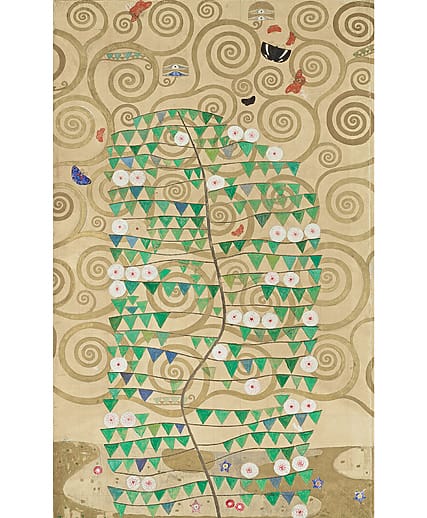Decorative art piece with swirling patterns, a tree with green and white leaves, and abstract shapes on a beige background.