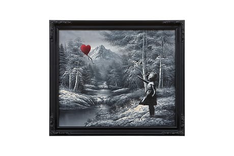 Painting of a girl reaching for a red heart-shaped balloon in a grayscale forest setting.