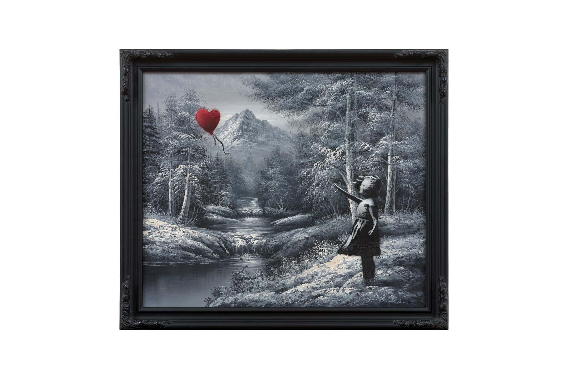 Painting of a girl reaching for a red heart-shaped balloon in a grayscale forest setting.