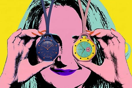 Pop art style image of a woman playfully holding two watches over her eyes against a vibrant yellow background.