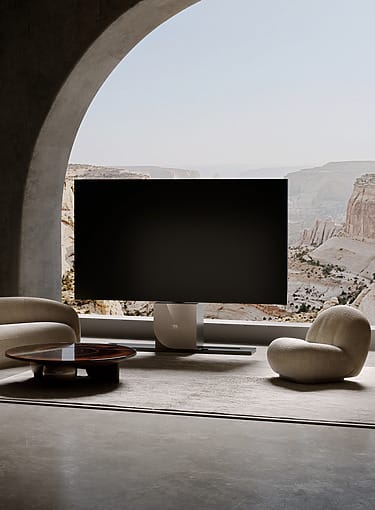 Modern living room with large TV, stylish curved sofas, round wooden table, and scenic desert view through the arched window.